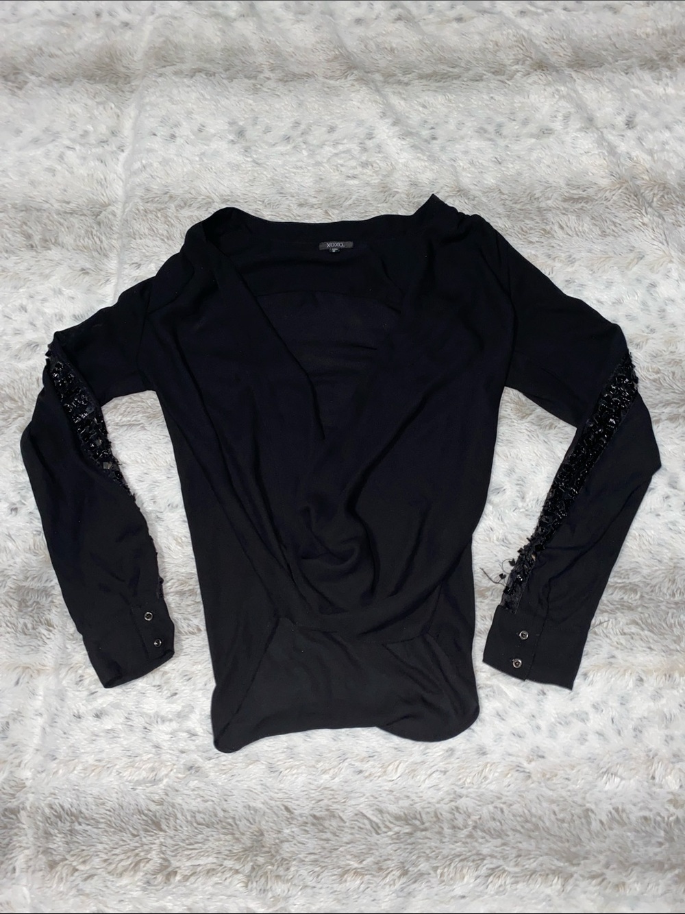 XOXO Black Long-Sleeve Draped V-Neck Top with Lace Sleeve Trim